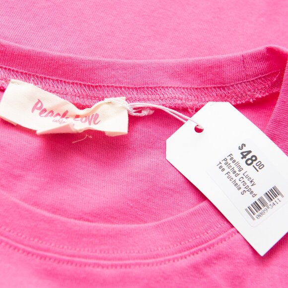 Peach Love "Feeling Lucky" Embroidered Patch Tee Cropped Rainbow Pink Small New - Picture 4 of 7